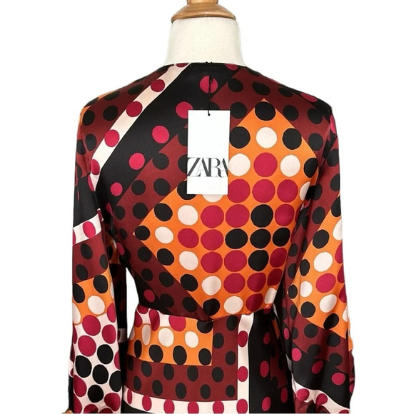 ZARA Retro 70s MIDI Dress Satin Effect Polka Dot Earth Tones, Size Small NWT - Picture 9 of 16